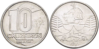 Бразилия 10 крузейро 1990 золотодобыча KM 619.1 нержавеющая сталь 4179-636