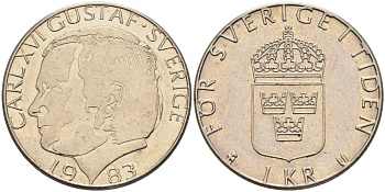 Швеция 1 крона 1983 Карл XVI Густав (1973- ) KM 852а медно-никель 4582-455