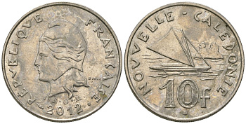 Французская Новая Каледония 10 франков 2012 рыбачья парусная лодка, (IEOM) KM 11a, Schoen 13a, Lec 99k медно-никель 65-151
