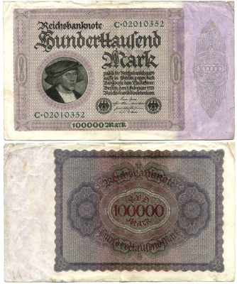 Германия 100000 марок 1923 Георг Гизе, без T под портретом, 8 цифр в номере Pick 83 a, Розенберг 82 а бумага 2192-70-1