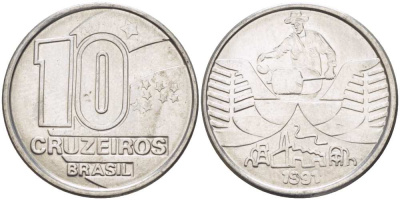 Бразилия 10 крузейро 1990 золотодобыча KM 619.1 нержавеющая сталь 4179-636