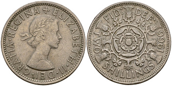Великобритания 2 шиллинга (флорин) 1966 Елизавета II (1952-2022) KM 906, Spink 4146 медно-никель 4599-321