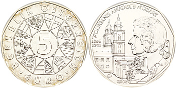 Австрия 5 евро 2006 250 лет со дня рождения Вольфганга Амадея Моцарта, Зальцбургский кафедральный собор KM 3131 серебро UNC 11-183-25