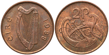 ИРЛАНДИЯ 2 ПЕНСА 1988 ВИНЬЕТКА В ВИДЕ СТИЛИЗОВАННОЙ ПТИЦЫ ИЗ ВТОРОЙ БИБЛИИ КАРЛА II ЛЫСОГО KM 21a сталь плакированная медью aUNC 4390-155