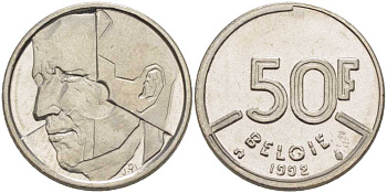 БЕЛЬГИЯ 50 ФРАНКОВ 1992 BELGIE, БОДУЭН I (1951-1993) KM 169 никель 4390-247