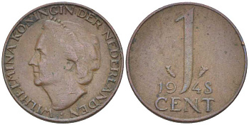 НИДЕРЛАНДЫ 1 ЦЕНТ 1948 ВИЛЬГЕЛЬМИНА (1890-1948) KM 107 бронза 214-1012