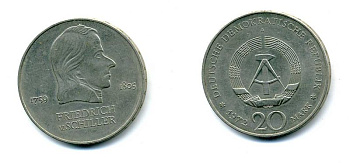 ГДР 20 марок 1972 А, Фридрих Шиллер (1759-1805) KM 40 медно-никель UNC 37-1025