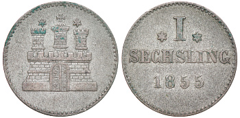 Гамбург 1 сехслинг 1855 KM 585, Jaeger 50 b, AKS 29 серебро 1531-1045