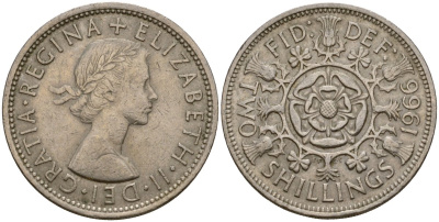 Великобритания 2 шиллинга (флорин) 1966 Елизавета II (1952-2022) KM 906, Spink 4146 медно-никель 4599-321