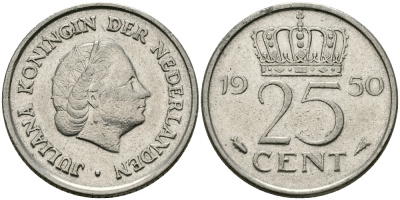 НИДЕРЛАНДЫ 25 ЦЕНТОВ 1950 ЮЛИАНА KM 183 никель 96-121