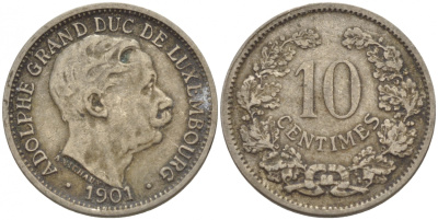ЛЮКСЕМБУРГ 10 САНТИМОВ 1901 АДОЛЬФ (1890-1905) KM 25 медно-никель 4548-815