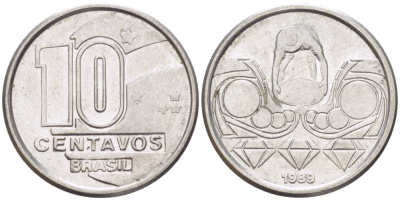 Бразилия 10 сентаво 1989 золотодобыча KM 613 нержавеющая сталь 112-513