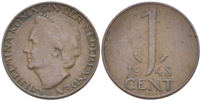 НИДЕРЛАНДЫ 1 ЦЕНТ 1948 ВИЛЬГЕЛЬМИНА (1890-1948) KM 107 бронза 214-1012