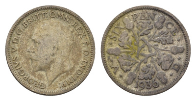 Великобритания 6 пенсов 1936 Георг V (1910-1936) KM 832, Spink 4041 серебро 100-1021