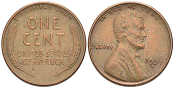 США 1 ЦЕНТ 1953 D, ЛИНКОЛЬН KM А132 медь цинк 218-1017