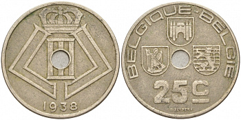 БЕЛЬГИЯ 25 САНТИМОВ 1938 BELGIQUE-BELGIE, ГЕРМАНСКАЯ ОККУПАЦИЯ, ВТОРАЯ МИРОВАЯ ВОЙНА KM 114.1 никель латунь 69-226