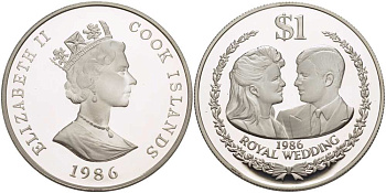 Острова Кука 1 доллар 1986 королевская свадьба принца Эндрю и Сары Фергюсон 1986 года KM 32а серебро PROOF 1085-7-34