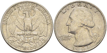 США 25 ЦЕНТОВ = КВОТЕР 1981 Р, ВАШИНГТОН KM А164а медь плакированная медно-никелем 217-1054