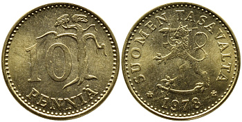 ФИНЛЯНДИЯ 10 ПЕННИ 1978 K KM 46 алюминиевая бронза 54-1163
