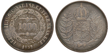 Бразилия 1000 рейс 1852 Педро II (1831-1889), красивая золотистая патина KM 459 серебро    633-1221