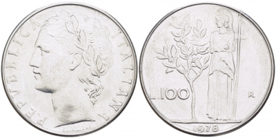 ИТАЛИЯ 100 ЛИР 1978 R, АФИНА KM 96.1 нержавеющая сталь 3718-433