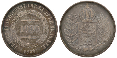 Бразилия 1000 рейс 1852 Педро II (1831-1889), красивая золотистая патина KM 459 серебро    633-1221