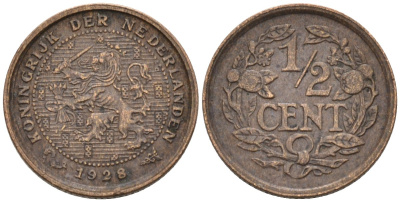 Нидерланды 1/2 цента 1928 Вильгельмина (1890-1948) KM 138 бронза 4576-445