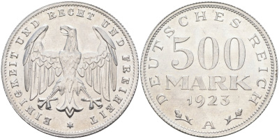 Германия 500 марок 1923 А KM 36, J.305 алюминий UNC 4587-211