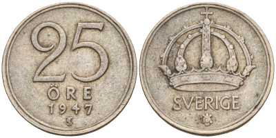Швеция 25 эре 1947 TS, Густав V (1907-1950) KM 816 серебро 4147-969