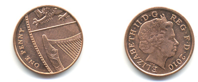 Великобритания 1 пенни 2010 Елизавета II (1952-2022) KM 1107, Spink B6 сталь плакированная медью 177-1215