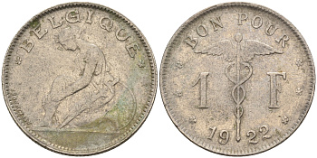Бельгия 1 франк 1922 Belgique, Альберт I (1910-1934) KM 89 никель 4592-513