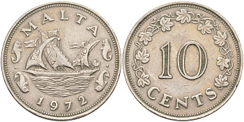 Мальта 10 центов 1972 баржа Великого магистра KM 11 медно-никель 4545-1022