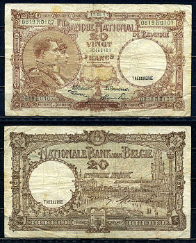 Бельгия 20 франков 1947 11.06.1947, Король Альберт I и его жена Королева Елизавета, Гран-Плас / Гроте Маркт, Брюссель Pick 111 (3) бумага 6301-35-2-2