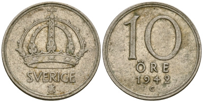 Швеция 10 эре 1942 G, Густав V (1907-1950) KM 813 серебро 4173-1268