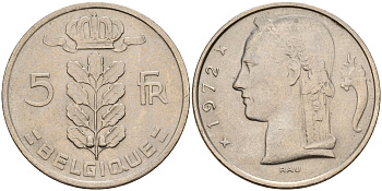 Бельгия 5 франков 1972 Belgique, Бодуэн I (1951-1993) KM 134.1 медно-никель  UNC  4187-237