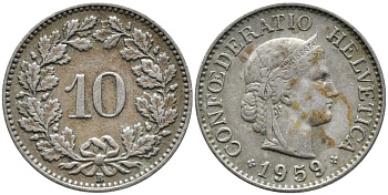 ШВЕЙЦАРИЯ 10 РАППЕНОВ 1959 В KM 27 медно-никель 4539-452