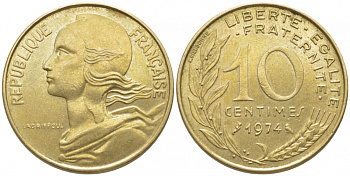 ФРАНЦИЯ 10 САНТИМОВ 1974 ТИП MARIANNE KM 929, LE FRANC 144.14 алюминиевая бронза 105-1217