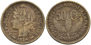 Французский Камерун 50 сантимов 1924 (а), монетный двор Париж KM 1 алюминиевая бронза 4164-1163