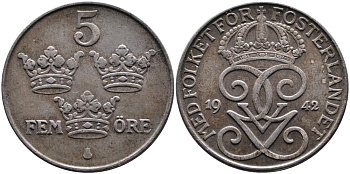 Швеция 5 эре 1942 Густав V (1907-1950), военный выпуск KM 812 железо 4389-125