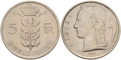 Бельгия 5 франков 1972 Belgique, Бодуэн I (1951-1993) KM 134.1 медно-никель  UNC  4187-237