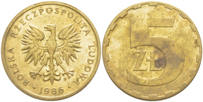 ПОЛЬША 5 ЗЛОТЫХ 1986 MW KM 81.2 латунь 4519-952