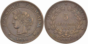 ФРАНЦИЯ 5 САНТИМОВ 1884 A, ТРЕТЬЯ РЕСПУБЛИКА (1871-1940) KM 821.1, LE FRANC 118.27 бронза 108-727