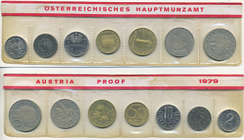 Австрия набор из 7 монет  1979  2, 5, 10, 50 грошей, 1, 5, 10 шиллингов, в целлофане KM PS 39 PROOF 4400-3-1