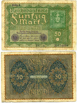 ГЕРМАНИЯ 50 МАРОК 1919 24 ИЮНЯ 1919, REIHE I, СЕРИЯ BC, ВЫПУСК С НОЯБРЯ 1919 ГОДА Pick 66, Rosenberg 62аа бумага 7198-24-2-2