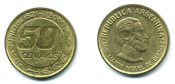 Аргентина 50 сентавос 2000 генерал Мартин Мигель де Гуэмес KM 129 алюминевая бронза UNC 36-333