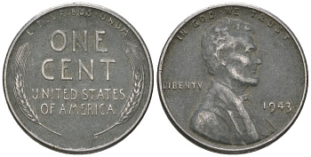 США 1 цент 1943 Авраам Линкольн KM 132 a сталь покрытая цинком 214-832