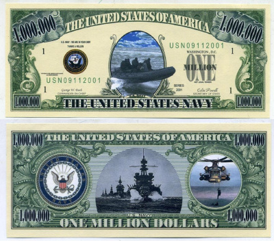 США 1000000 долларов 2001 сувенирная банкнота, серия армия США, ВМФ, Джон Буш, Коллин Пауэл бумага UNC (пресс) 7203-11-3