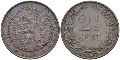 Нидерланды 2 1/2 цента 1904 Вильгельмина (1890-1948) KM 134 бронза 4575-856