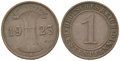 Германия 1 рентенпфенниг 1923 A KM 30 бронза 4617-351