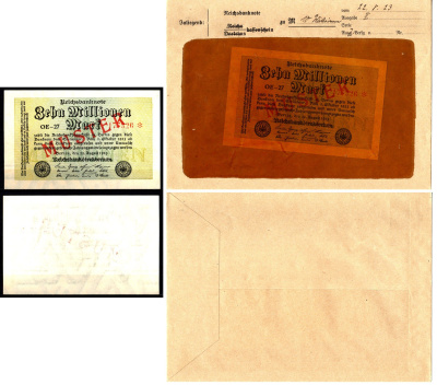 Германия 10000000 марок 1923 22 августа, MUSTER, образец, Specimen. В оригинальном банковском конверте. Из коллекции Отто Сейфферта (помощник Ялмара Шахта - министра экономики Германии и президента Рейхсбанка времен третьего рейха) Pick 106 s, Grabowski D